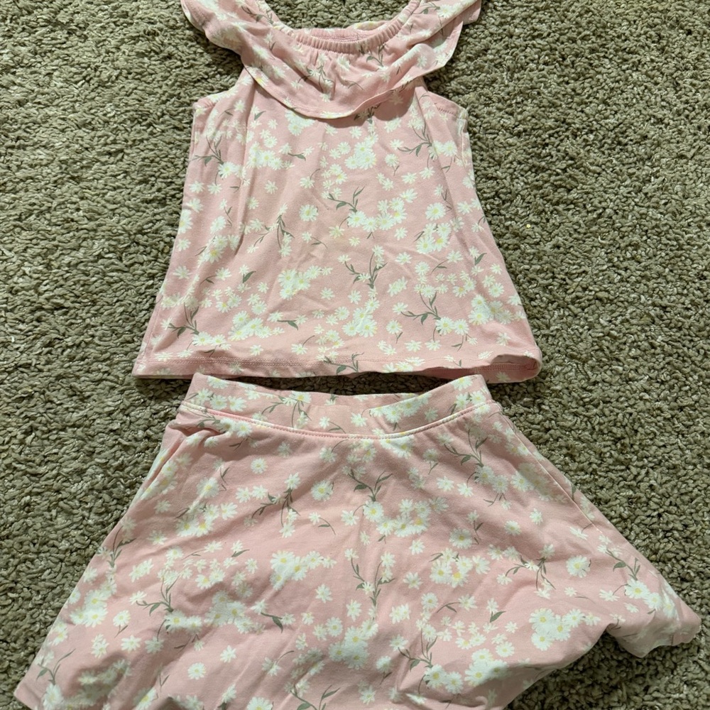 Pink Floral Ruffle Neck Tank and Skort Set